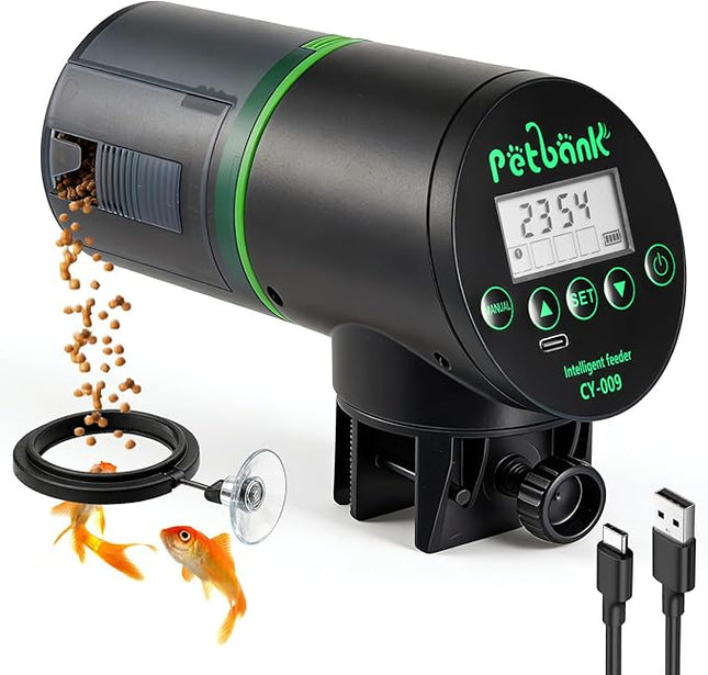 Automatic Fish Feeder for Aquarium - Rechargeable Fish Food Auto Dispenser Vacation Turtle Feeder with USB Charger Cable，LCD Screen, Customized Schedule，Black