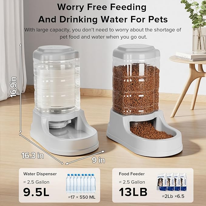 Kenond 9.5L Dog Feeders and Water Bowl Set for Large Dogs, 2.5 Gallon Automatic Water Dispenser, Gravity Dog Food Dispenser