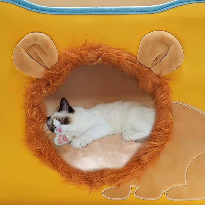 CWV Cat Houses for Indoor Cats, Cute Cat Cave Bed with Scratch Pad, Foldable Cat Cube for Multiple Large Cats, 17X17x13inch, Lion Design