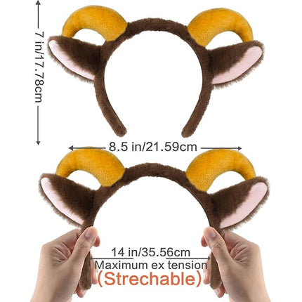 Beviliu Goat Ears Headband with Ram Horns, Animals Ears and Horns Headband, Sheep Ears Custome Lamb Ears Headwear for Halloween Christmas Birthday Party Theme Cosplay, Brown, 1Pack