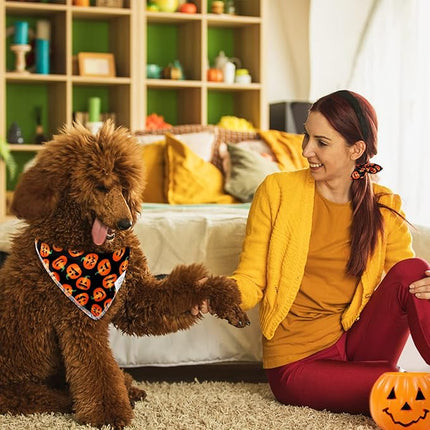 E-Clover Halloween Dog Bandanas & Matching Scrunchie Set Pumpkin Dog Scarf Kerchiefs Pet Outfit for Medium Large Dogs Owner Mom Orange Black Fall