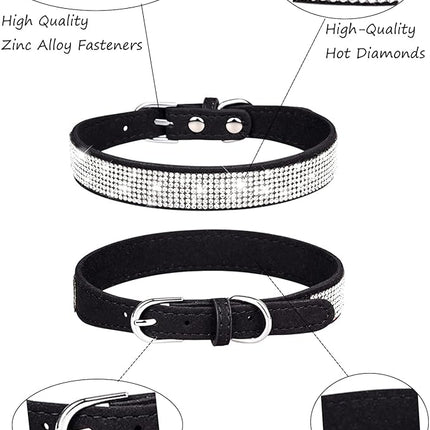 Dog Collar for Small Dogs, Adjustable Leather Suede Bling Dog Collars，Black Dog Collar Cat Collar, Rhinestone Dog Collar (XS, Black)