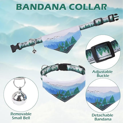 EXPAWLORER Small Dog Collar and Leash Set - Adjustable Dog Bandana Collar with Bell, Cute Dog Collar with Bow, Green Trees Pattern Pet Collar for Small Dogs Cats for Walking Training