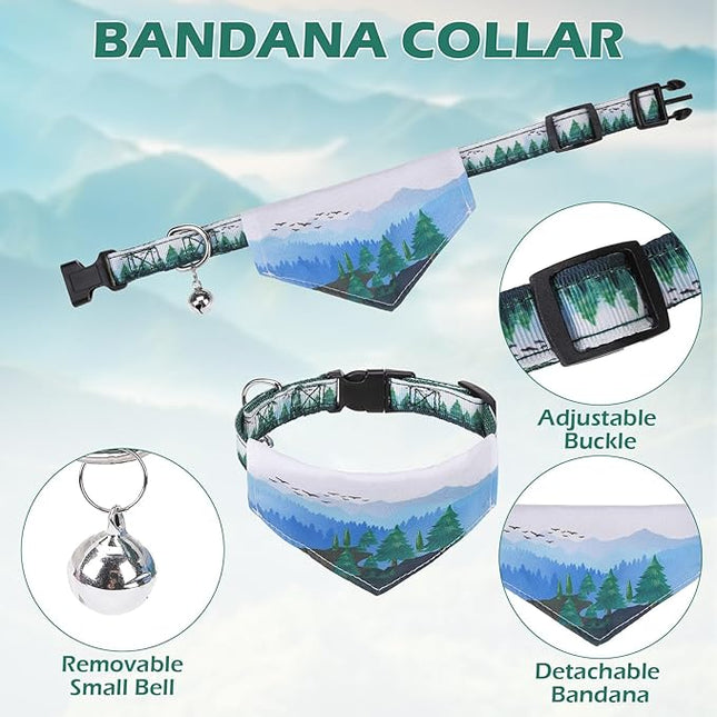 EXPAWLORER Small Dog Collar and Leash Set - Adjustable Dog Bandana Collar with Bell, Cute Dog Collar with Bow, Green Trees Pattern Pet Collar for Small Dogs Cats for Walking Training