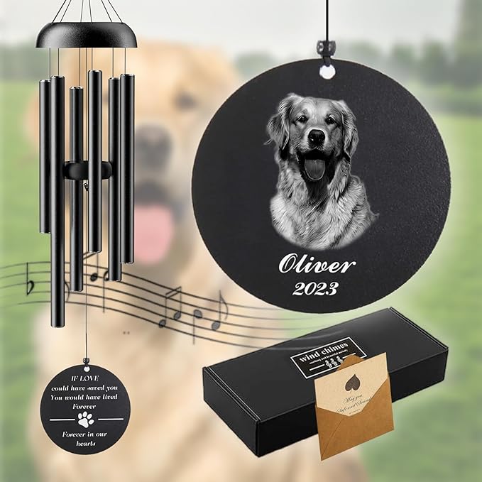 Personalized Dog Memorial 32" Wind Chimes for Outside - Sympathy Gift with Custom Photos for Loss Pet - Adjustable Mute Sound Memorial Gifts for Loss of Dog Laser Engraving,Not Easy to Fade