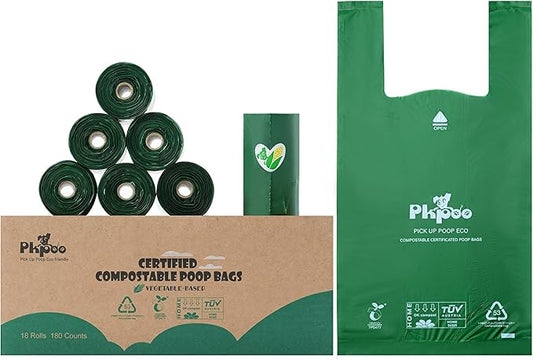 Pkpoo 100% Compostable Dog Poop Bags with Handles, Extra Wide, Vegetable-Based Large Poop Bags for Dogs, Biodegradable Waste Bags for Poo, Cat Litter, Diaper Sacks, Unscented, 180 Counts