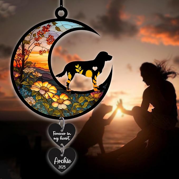 LOVELYPOD Personalized Dog Memorial Suncatcher Window, Pet Loss Sympathy Gift, Custom Fur Memorial Gifts for Loss of Pet, Dog Remembrance Stained Glass, Hanging Garden Decor with Moon