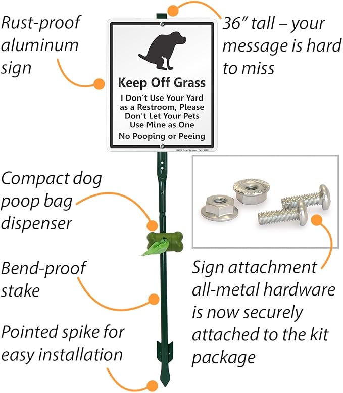 SmartSign Keep Off Grass - No Dog Pooping Or Peeing Yard Sign & Clip-On Plastic Dispenser Combo/Kit, 10"x12" Aluminum Sign with 3ft Stake, Compact Dispenser Preloaded with a 15 Dog Poop Bags Roll
