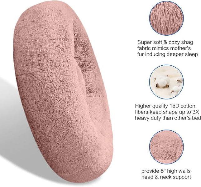 SAVFOX Plush Calming Dog & Cat Beds - Donut Shaped, Comfy Cuddler in Faux Fur, Washable, Multiple Sizes XS-XXL