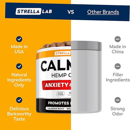STRELLALAB Hemp Calming Chews for Dogs - Melatonin Dog Treats - Anxiety Relief - Calming Chews - Sleep & Stress Aid for Separation - 180 Treats