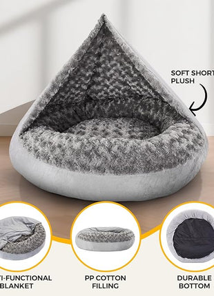Cave Dog Bed with Blanket Donut Round Plush Cozy Cat Pet Bed for Puppy Machine Washable Removable Cover Cat Toy Anti-Slip Bottom Gray 26X26X8 inch