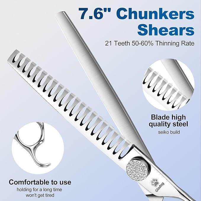 GLADOG Luxury Dog Grooming Scissors Set - 7" Straight, 6.5" Thinning, 7" Chunkers, 7" Curved - 9CR Steel, Silver Luxe, Right Hand, Plastic Handle, 4 Count