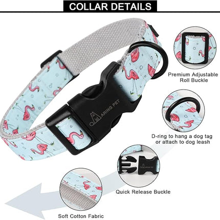 ARING PET Summer Dog Collar, Cute Flamingo Adjustable Lightweight Cotton Pet Collars for Small Medium Large Boy and Girl Dogs, Large