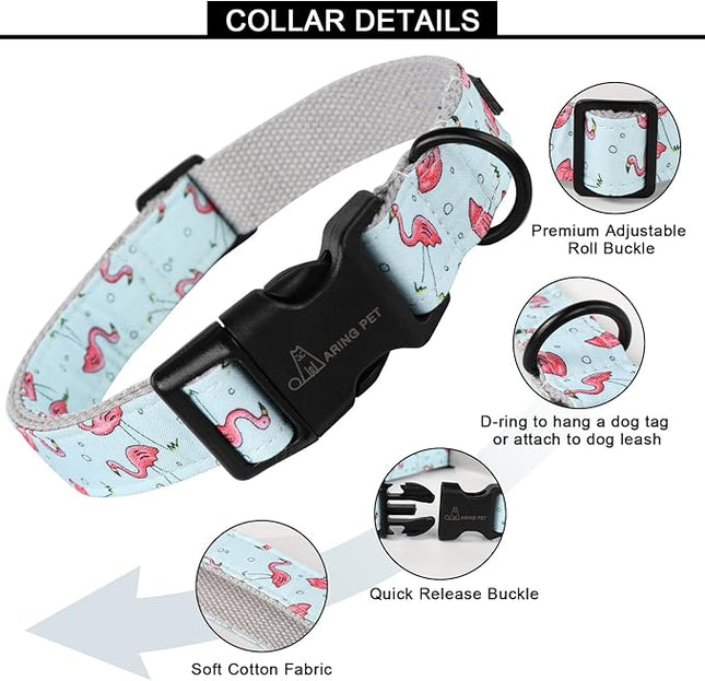 ARING PET Summer Dog Collar, Cute Flamingo Adjustable Lightweight Cotton Pet Collars for Small Medium Large Boy and Girl Dogs, Large