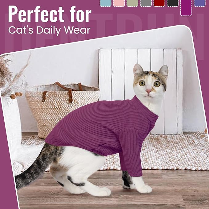 DENTRUN Sphynx Hairless Cats Shirt Pullover Kitten T-Shirts, Breathable Cat Wear Turtleneck Sweater Adorable Cat's Clothes Vest Pajamas Jumpsuit