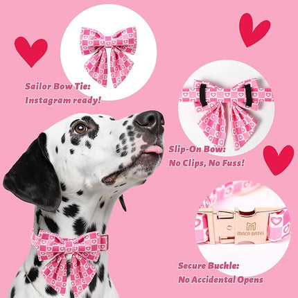 Maca Bates Valentine's Day Dog Collar with Sailor Bow for Extra Small Girl Boy Dogs,Checkered Pink Love Hearts Pattern,Adjustable Durable Soft Plaid Valentine Gift for Female Male Puppy