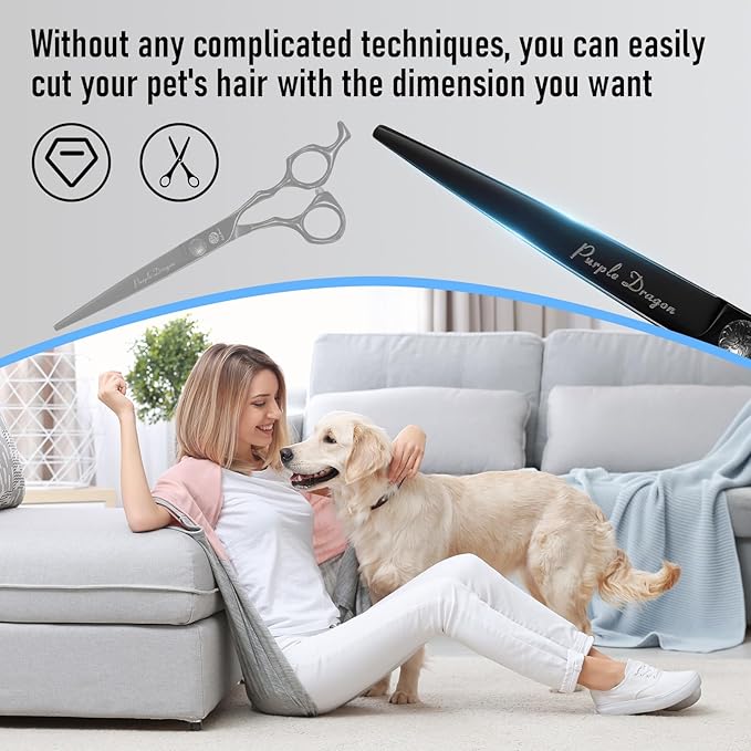 Purple Dragon Dog Grooming Scissors Set - Chunkers, Straight, Up & Down Curved Scissors and Comb, 7 Inch Black Shears with Adjustable Screw for Dogs and Cats