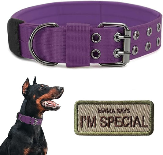 Tactical Dog Collar Military Adjustable Dog Collars Soft Nylon Training Collar with Patch Heavy Duty Metal Buckle Collars for Medium Large Dogs (Violet, XL)