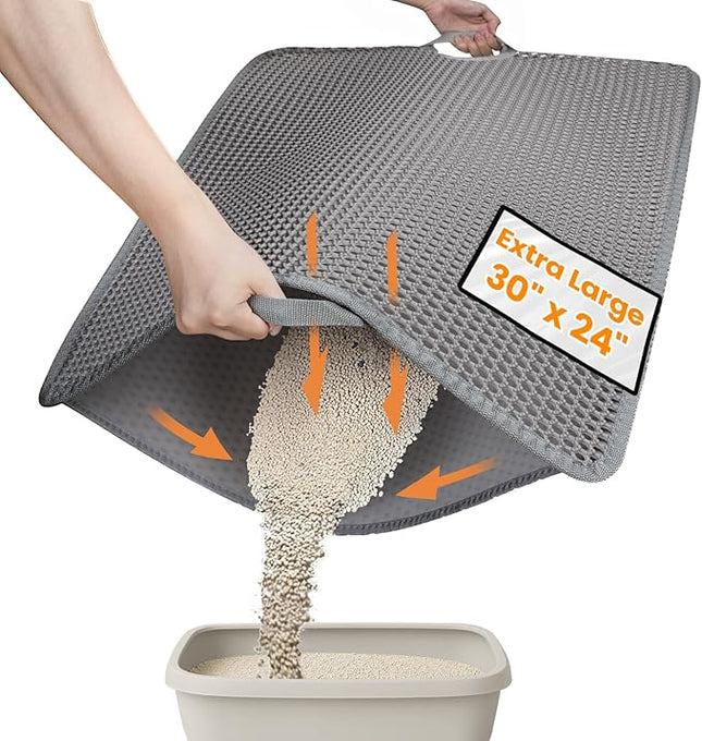 Cat Litter Mat-30"X24" Large Litter Box Mat for Kitty, EVA Honeycomb Double Layer Design, Urine & Waterproof with Unique Handle, Less Waste, Easier To Clean,Non Slip, Gray