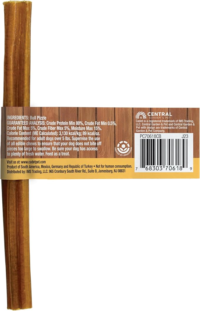 Cadet Bully Sticks for Large Dogs, All-Natural Beef Pizzle, Rawhide-Free Long-Lasting Dog Chews for Aggressive Chewers, 1 Count