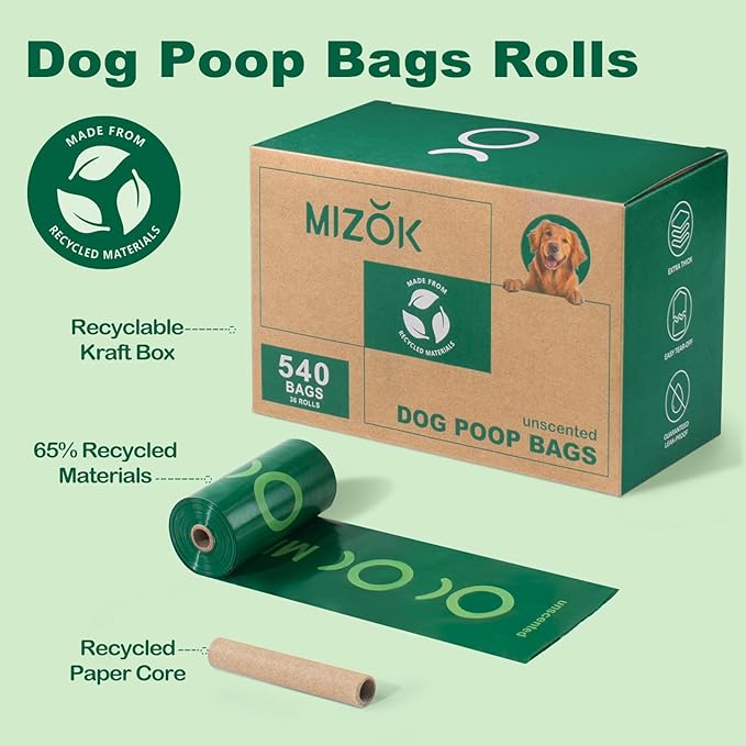 MIZOK Dog Poop Bags Rolls, 540 Count, 65% Recycled Material Poop Bags for Dogs, Leakproof, Extra Thick Durable and Easy Tear-Off, Unscented