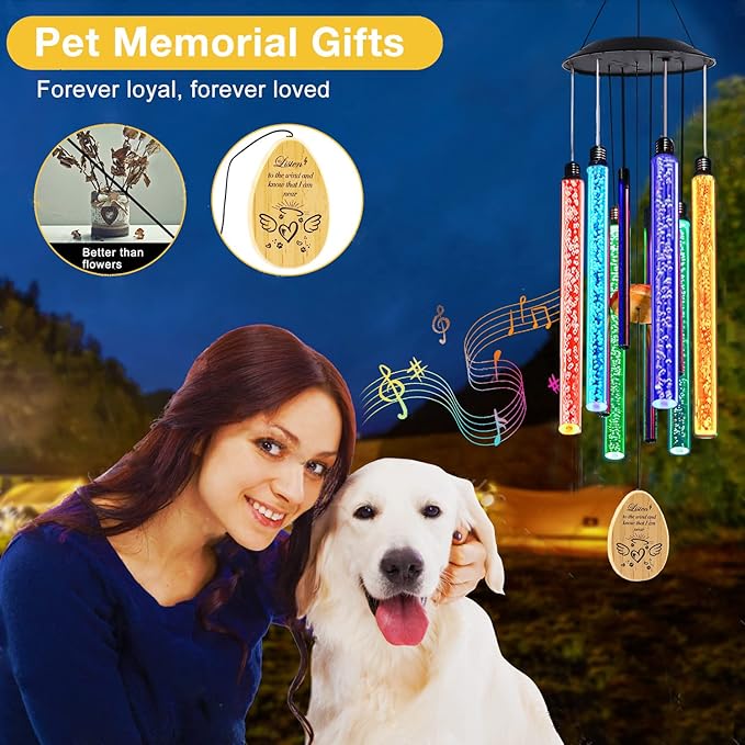 Solar Pet Memorial Wind Chime, Dog Memorial Gifts for Loss of Dog, Rainbow Bridge Pet Memorial Gifts, Loss of Dog Sympathy Gift, in Memory of Dog, 6 LED Tubes Color Changing Rainbow, 33"