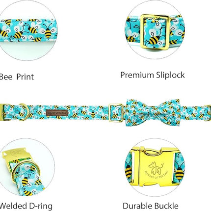 Elegant Little Tail Blue Bees Print Dog Collar with Bow Tie for Small to Large Dogs