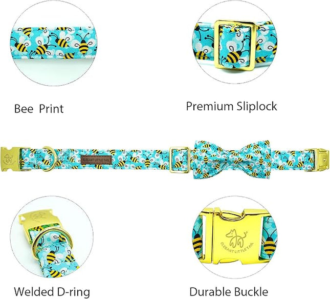 Elegant Little Tail Blue Bees Print Dog Collar with Bow Tie for Small to Large Dogs