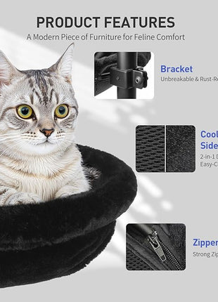 Cat Desk Bed - Machine Washable Reversible Cats Hammock for Large and Kitten - 360° Rotating & Height Adjustable - Supports Up to 45lbs - Indoor Cat Nest Furniture for Office & Game Tables - Black