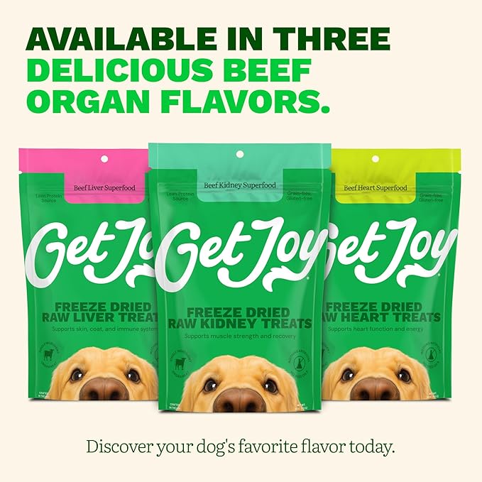 Get Joy Freeze Dried 100% Beef Kidney Dog Treats, 16oz | Single Ingredient Organ Meat, High Protein Raw Dog Food Topper, Snack & Training Rewards | Grain Free, Gluten Free, Filler Free