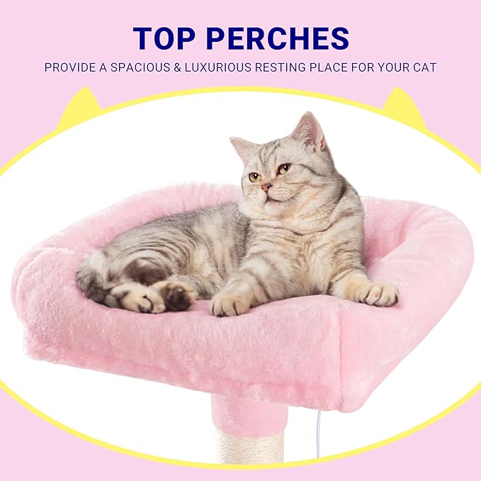 Allewie 73in Fan-Shaped Space-Saving Corner Cat Tower/Multi-Level Tall Cat Tree for Indoor Kitties/Cozy Baskets/Condos/House/Perches/Sisal Scratching Posts/Pet Activity Center/Pink