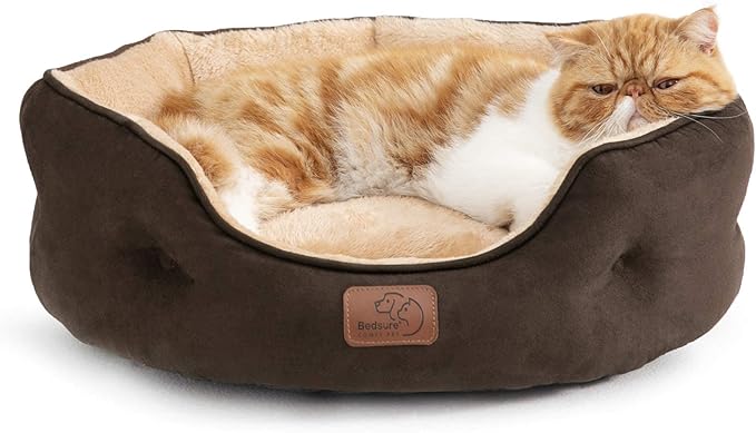 Bedsure Dog Beds for Small Dogs - Round Cat Beds for Indoor Cats, Washable Pet Bed for Puppy and Kitten with Slip-Resistant Bottom, 20 Inches, Brown