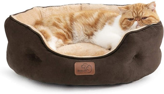 Bedsure Dog Beds for Small Dogs - Round Cat Beds for Indoor Cats, Washable Pet Bed for Puppy and Kitten with Slip-Resistant Bottom, 20 Inches, Brown
