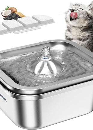 Cat Water Fountain Stainless Steel: 4L/140oz Pet Fountain Water Bowl Indoor, Automatic Dog Drinking Dispenser, Cat Feeding Watering Supplies, Metal Kitty Waterer Fountain, 1 Replacement Filters