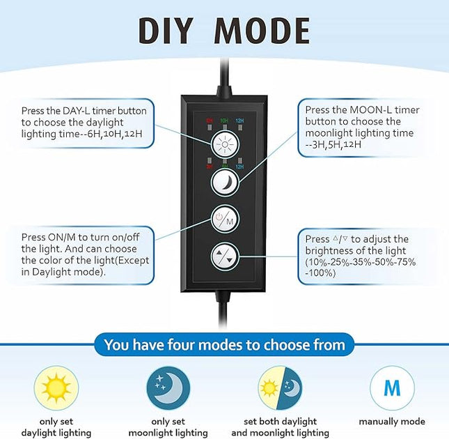 hygger Clip On Full Spectrum Aquarium LED Light, 14W Day-Night Dual Timer Sunrise-Day-Sunset-Moon Fish Tank Light, Adjustable Timer Brightness with 9 Colors for Planted Tank