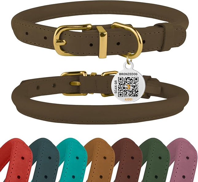 BronzeDog Rolled Leather Dog Collar with QR ID Tag, Adjustable Soft Round Collars for Small Medium Large Dogs Puppy (9" - 11" Neck Size, Nut Brown)