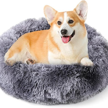 NOYAL Calming Donut Dog Bed for Small to Medium Dogs & Cats - Plush Faux Fur Anti-Anxiety Pet Bed with Machine Washable Cover & Non-Slip Base
