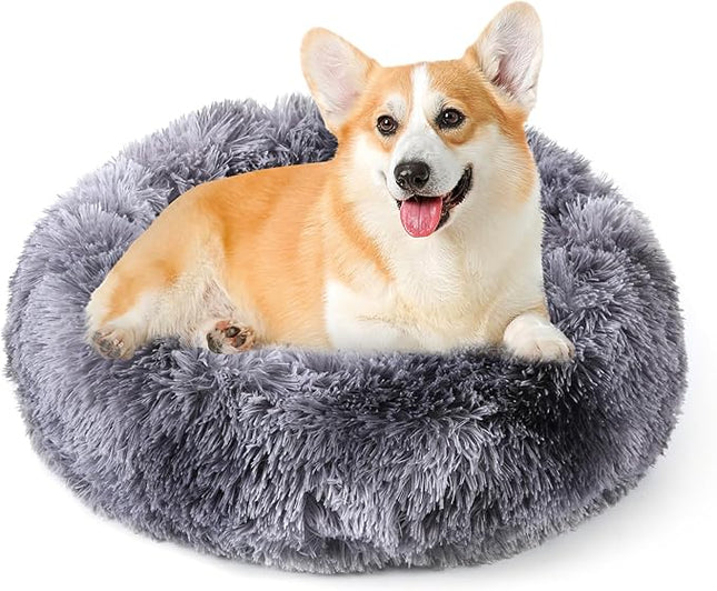 NOYAL Calming Donut Dog Bed for Small to Medium Dogs & Cats - Plush Faux Fur Anti-Anxiety Pet Bed with Machine Washable Cover & Non-Slip Base