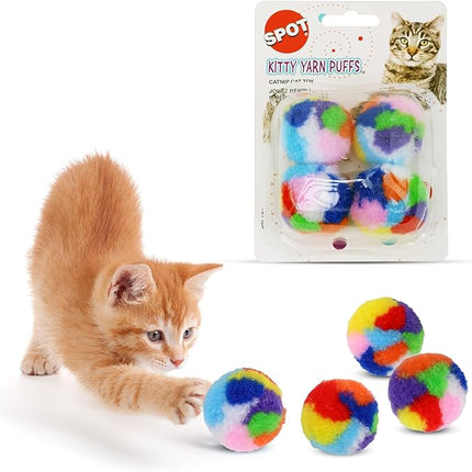 Ethical SPOT Kitty Yarn Puffs Colorful Woolen Yarn Cat Toy Contains Catnip 1.5" Pack of 4 Pet