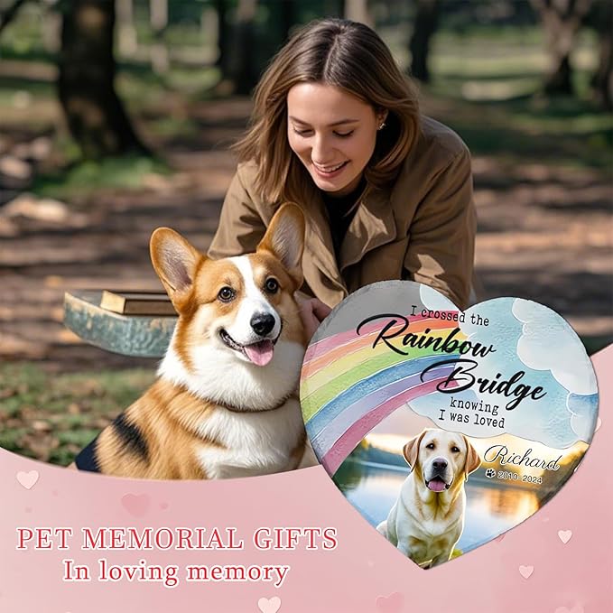 Personalized Pet Memorial Stone - Custom Dog Grave Marker with Name & Photo - Sympathy Gifts for Loss of Beloved Dog - Cemetery Decor - Rainbow Bridge Memorial for Dogs (Style B)