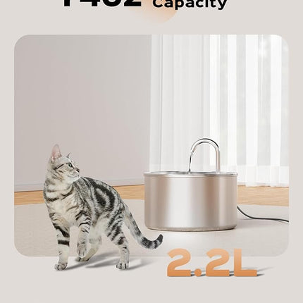 AOOGITF Cat Water Fountain + 8 Filters + 8 Sponges, 304 Stainless Steel Pet Water Fountain, 24 Hours Keep The Water Clean, 74oz Capacity, Ultra-Quiet, No Sputter, Compact, Easy Cleaning