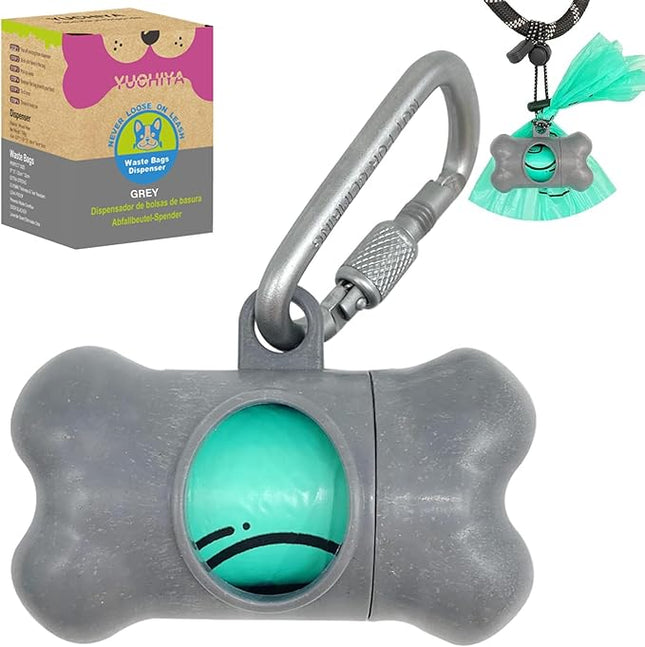 Dog Poop Pickup Bags Holder Dispenser with Standard-Sized Leak-Proof Scented Doggy Waste Bags and Carabiner with Safety Lock&Fastener Never Loose on Leash Lead Again (1 Holder 15 Bags, Grey)