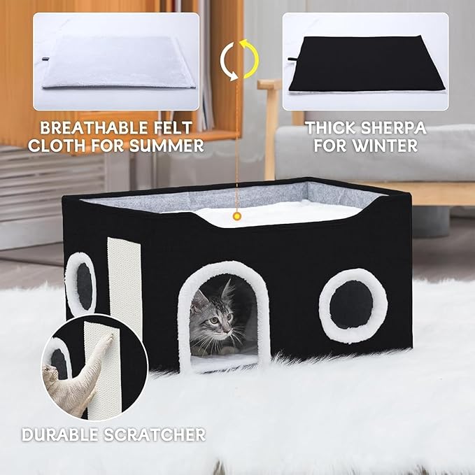 Cat House for Indoor Cats – Foldable Cat Cave & Covered Cat Bed, Cozy Hideaway for Small Pets and Large Cats (23.6"x16"x12.8"),Black