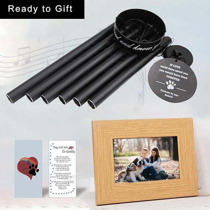 Pet Memorial Wind Chime, 30 Inches Paw Print Pet Remembrance Gift to Honor and Remember a Dog, Cat, or Other Pet, Premium Metal Wind Chime, Black