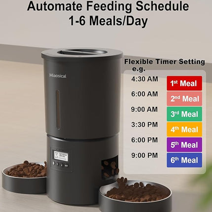 Dual Automatic Cat Feeder 2 Cats,6 Meals/Day,12 Portions/Meal,4.2L Dual Power Double Bowls Feeder,Dry Food Auto Pet Dispenser,10S Voice Record,Flexible Schedule Timer (Black,Stainless Dual Bowls)