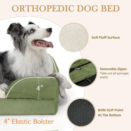 Comfort Expression Orthopedic Dog Bed for Large Dogs 38x25 Inch, Waterproof Supportive Egg Crate Foam Large Pet Bed with Removable Bolster, Dog Couch with Washable Cover & Non-Slip Bottom, Light Green