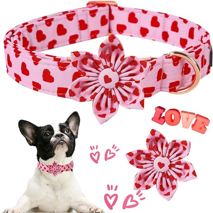 ARING PET Valentine's Dog Collar-Adorable Pink Heart Dog Collar with Flower, Adjustable Cotton Girl Dog Collars with Metal Buckle