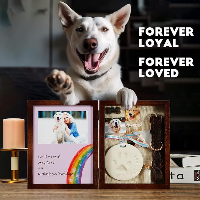 JupDec Dog Memorial Gifts Pet Shadow Box Wooden Picture Frame with Clay Paw Print Kit for Loss of Dog & Cat Remembrance Sympathy Deep Display Case for Keepsake Collar Hair (Brown)