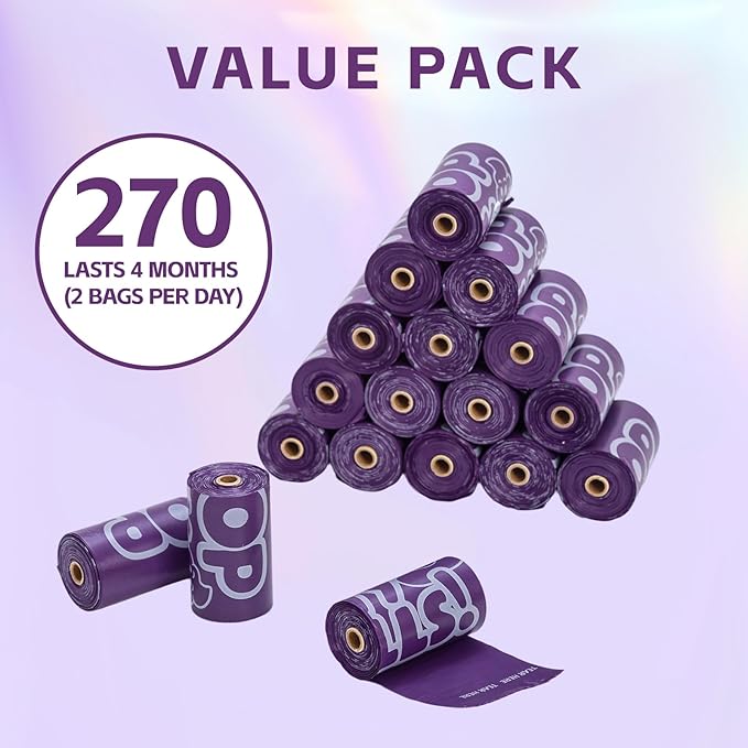 270 Count Scented Dog Poop Bags Rolls, 20 Micron Ultra Thick, Heavy Duty Tear Resistant Leak Proof for Yuck-Free Cleanup, Includes Dispenser & Leash Clip, 9 x 13 Inch, Duty Doodle (Purple)