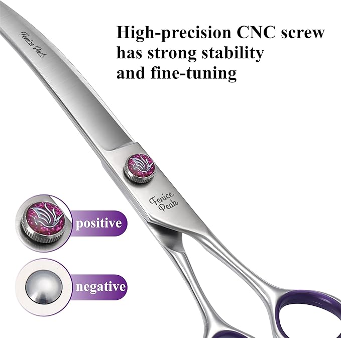 Fenice Peak 8'' Curved Dog Grooming Scissors Professional 440C Stainless Steel Pet Trimming Shears with Decorative Screw and Offset Handle Sharp and Durable